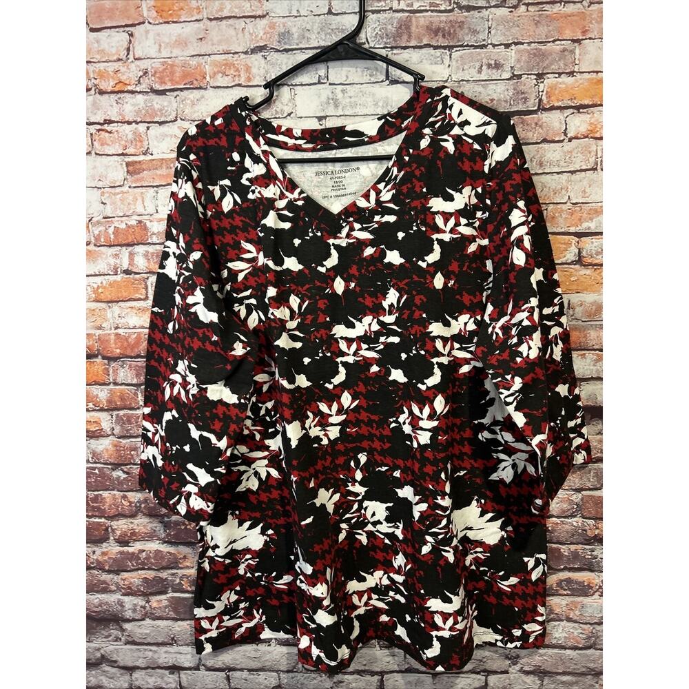 Jessica London Red Floral Houndstooth Stretch Cotton V-Neck Tee blouse top 18/20
